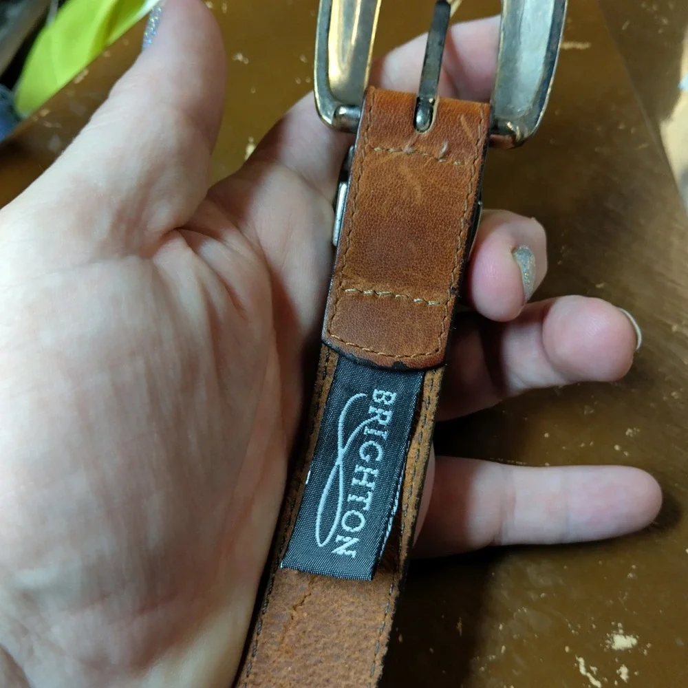 Brighton Brown Leather Western Belt Silver Engraved Floral Hardware Vintage 1994